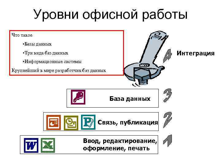 Уровни офисной работы Что такое • Базы данных Интеграция • Три вида баз данных
