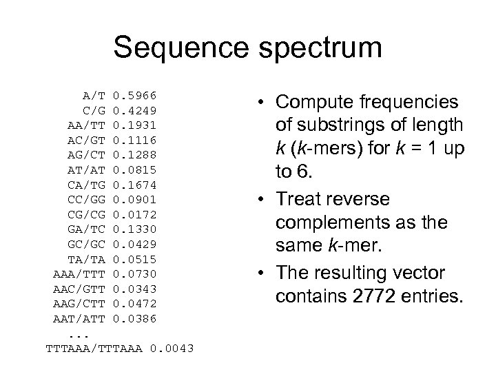 Sequence spectrum A/T 0. 5966 C/G 0. 4249 AA/TT 0. 1931 AC/GT 0. 1116
