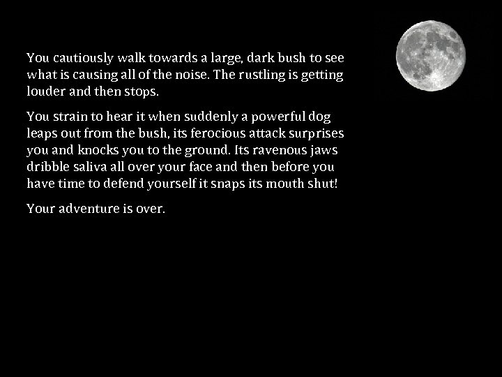 You cautiously walk towards a large, dark bush to see what is causing all