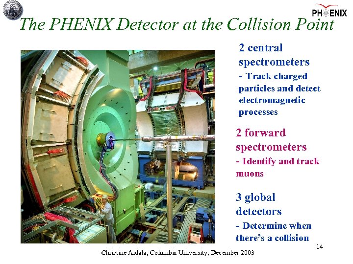 The PHENIX Detector at the Collision Point 2 central spectrometers - Track charged particles