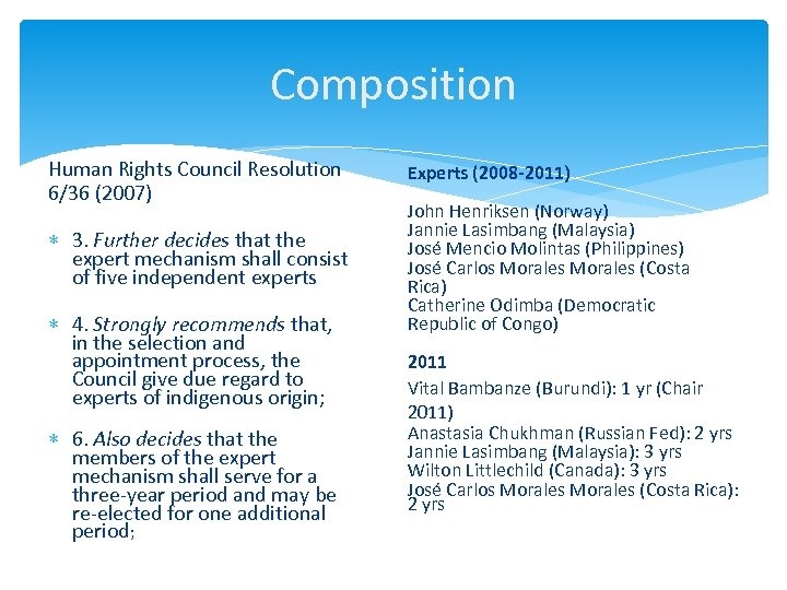 Composition Human Rights Council Resolution 6/36 (2007) 3. Further decides that the expert mechanism