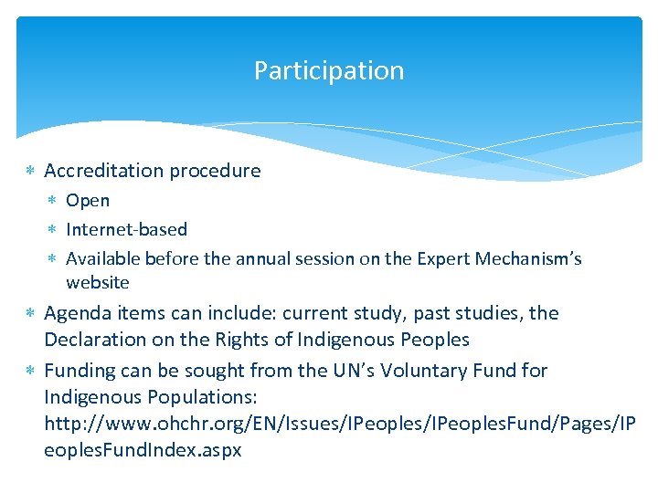 Participation Accreditation procedure Open Internet-based Available before the annual session on the Expert Mechanism’s