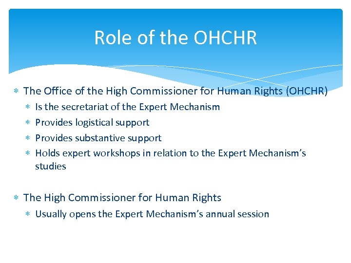 Role of the OHCHR The Office of the High Commissioner for Human Rights (OHCHR)