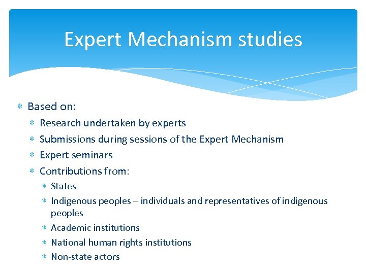 Expert Mechanism studies Based on: Research undertaken by experts Submissions during sessions of the