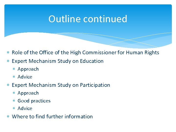 Outline continued Role of the Office of the High Commissioner for Human Rights Expert
