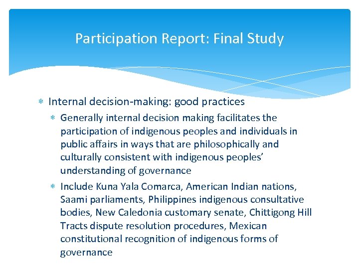 Participation Report: Final Study Internal decision-making: good practices Generally internal decision making facilitates the