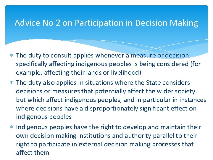 Advice No 2 on Participation in Decision Making The duty to consult applies whenever
