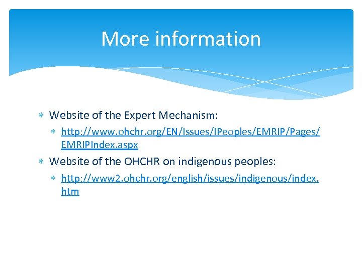 More information Website of the Expert Mechanism: http: //www. ohchr. org/EN/Issues/IPeoples/EMRIP/Pages/ EMRIPIndex. aspx Website