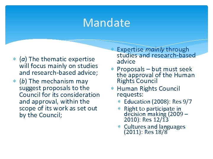 Mandate (a) The thematic expertise will focus mainly on studies and research-based advice; (b)