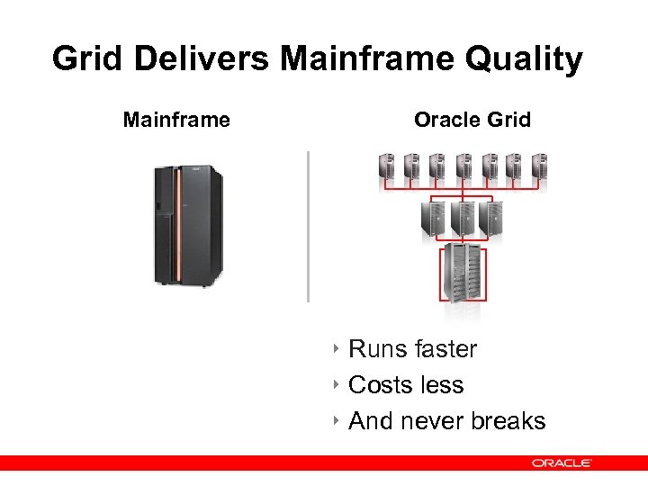 Grid Delivers Mainframe Quality Mainframe Oracle Grid M/F Here ‣ Runs faster ‣ Costs