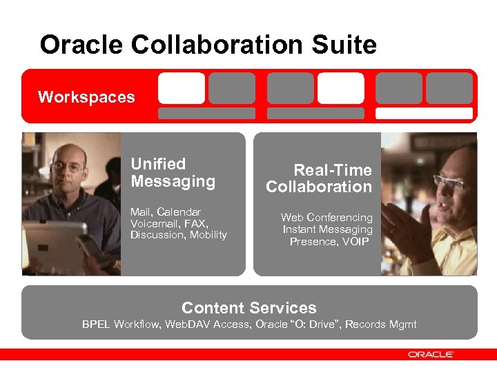 Oracle Collaboration Suite Workspaces Unified Messaging Mail, Calendar Voicemail, FAX, Discussion, Mobility Real-Time Collaboration