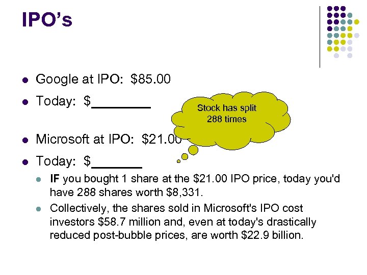 IPO’s l Google at IPO: $85. 00 l Today: $_______ l Microsoft at IPO: