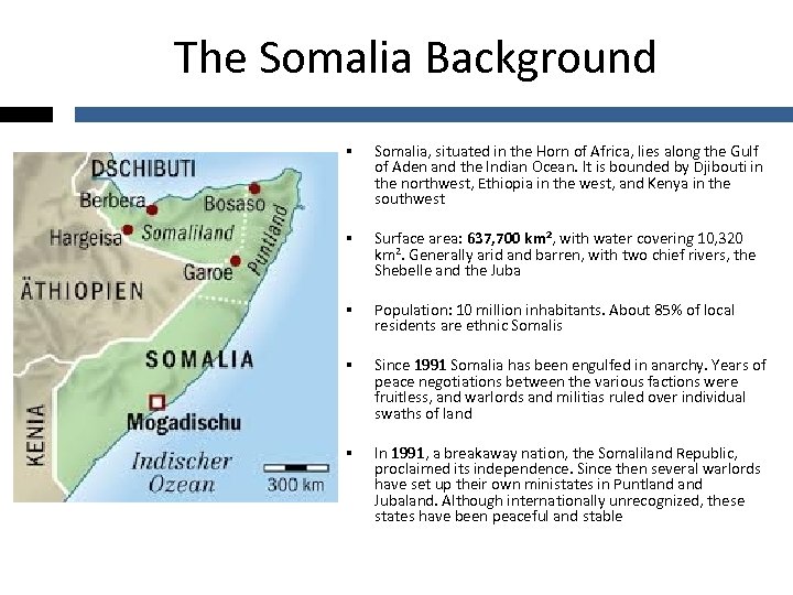 The Somalia Background § Somalia, situated in the Horn of Africa, lies along the