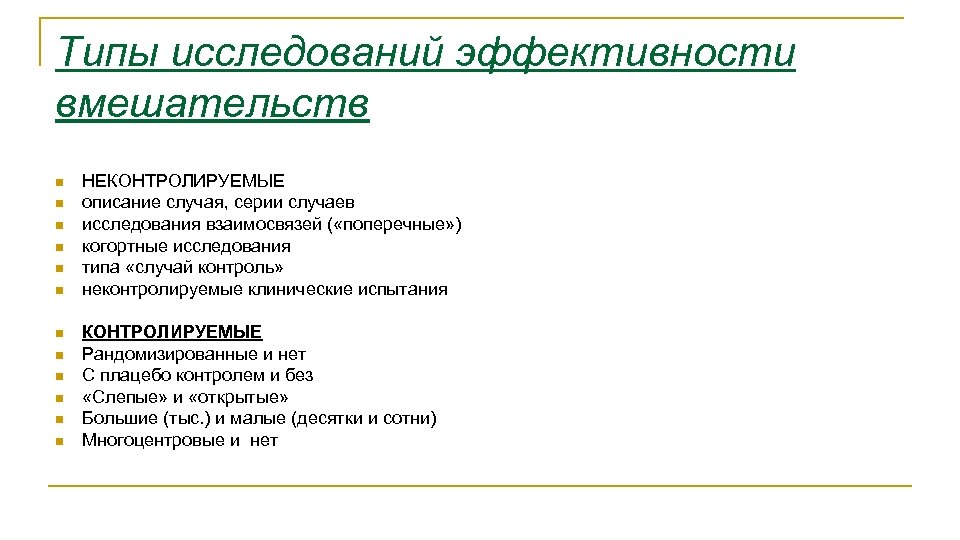 Типы исследований эффективности вмешательств n n n НЕКОНТРОЛИРУЕМЫЕ описание случая, серии случаев исследования взаимосвязей