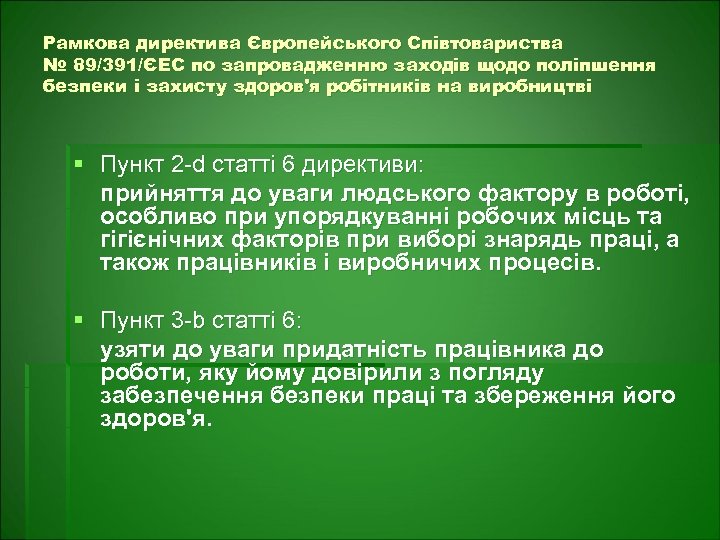 Рамкова директива Європейського Співтовариства № 89/391/ЄЕС по запровадженню заходів щодо поліпшення безпеки і захисту
