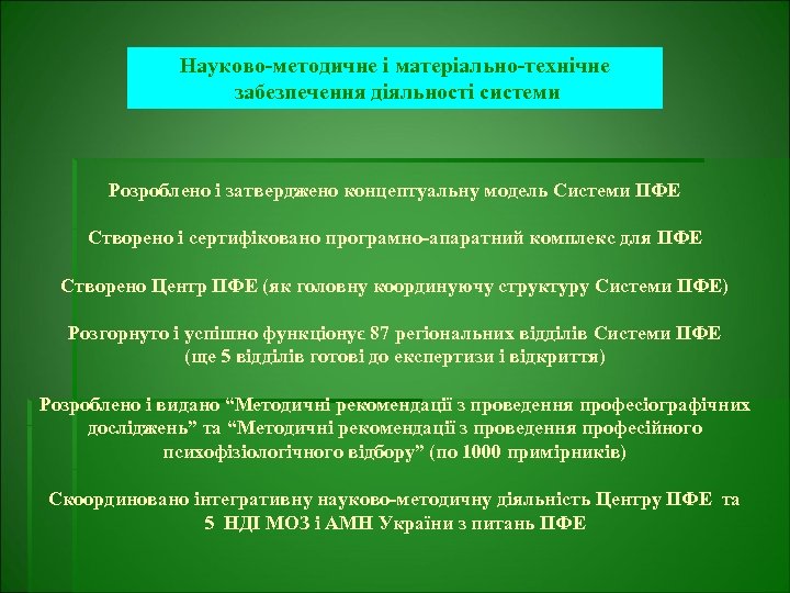 Науково-методичне і матеріально-технічне забезпечення діяльності системи Розроблено і затверджено концептуальну модель Системи ПФЕ Створено