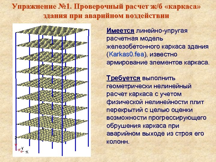 Упражнение № 1. Проверочный расчет ж/б «каркаса» здания при аварийном воздействии Имеется линейно-упругая расчетная