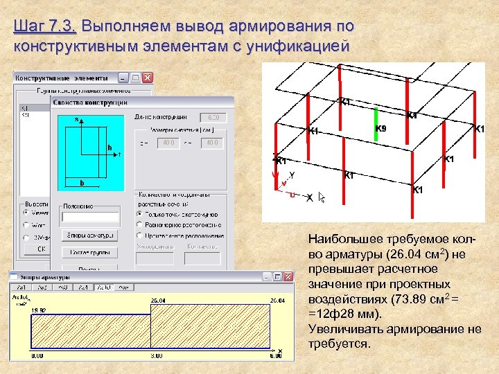 Шаг 7. 3. Выполняем вывод армирования по конструктивным элементам с унификацией Наибольшее требуемое колво