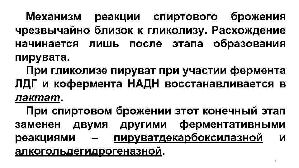 Механизм реакции спиртового брожения чрезвычайно близок к гликолизу. Расхождение начинается лишь после этапа образования