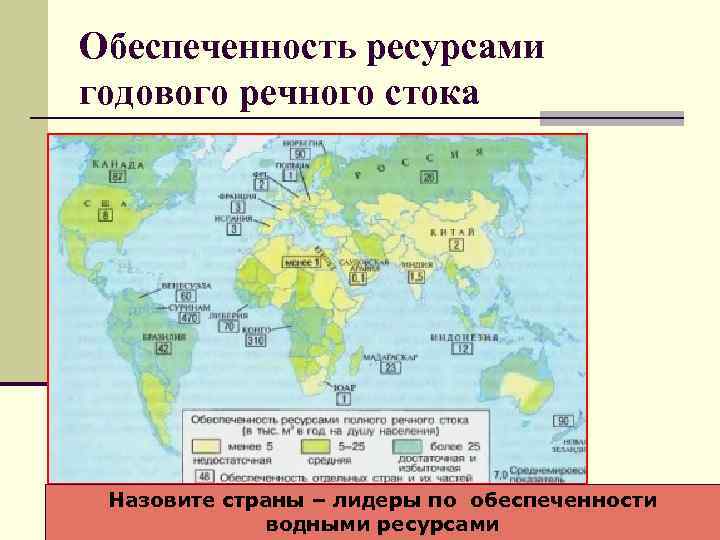 Обеспеченность ресурсами годового речного стока Назовите страны – лидеры по обеспеченности водными ресурсами 