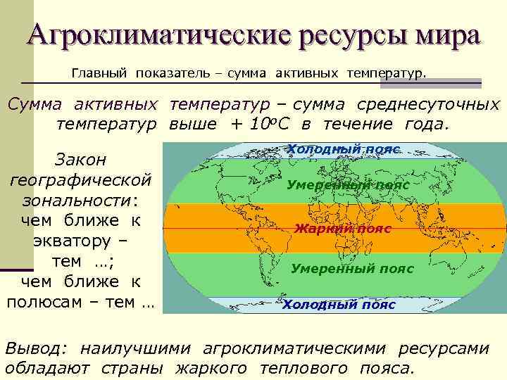 Агроклиматические ресурсы мира Главный показатель – сумма активных температур. Сумма активных температур – сумма