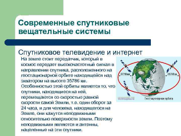 Современные спутниковые вещательные системы Спутниковое телевидение и интернет На земле стоит передатчик, который в