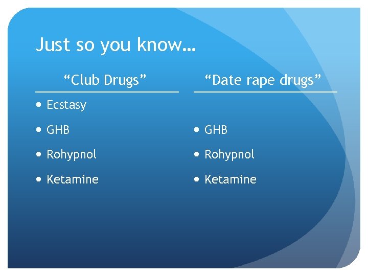 Just so you know… “Club Drugs” “Date rape drugs” Ecstasy GHB Rohypnol Ketamine 