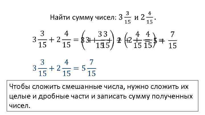  Чтобы сложить смешанные числа, нужно сложить их целые и дробные части и записать