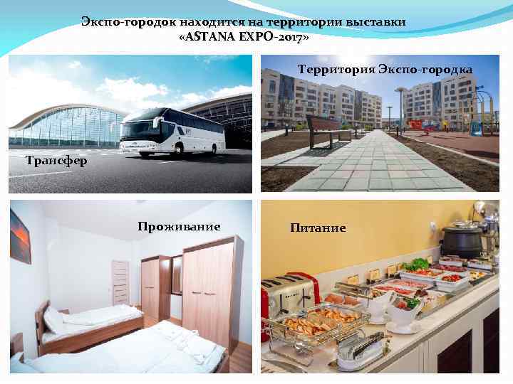 Экспо-городок находится на территории выставки «ASTANA EXPO-2017» Территория Экспо-городка Трансфер Проживание Питание 