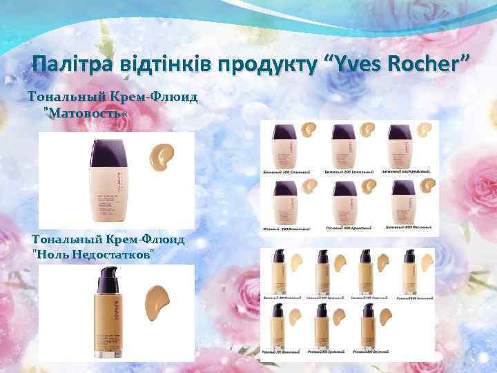 Палітра відтінків продукту “Yves Rocher” Тональный Крем-Флюид "Матовость « Тональный Крем-Флюид "Ноль Недостатков" 