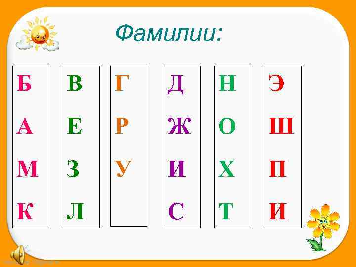 Фамилии: Б В Г Д Н Э А Е Р Ж О Ш М