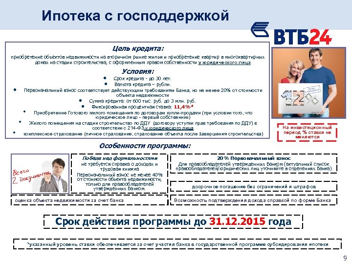 Ипотека с господдержкой Цель кредита: приобретение объектов недвижимости на вторичном рынке жилья и приобретение