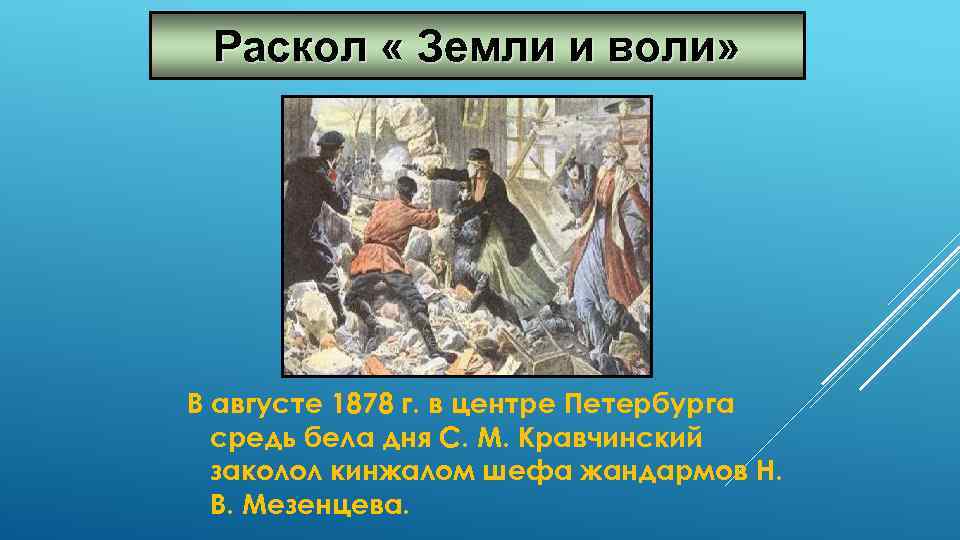 Раскол « Земли и воли» В августе 1878 г. в центре Петербурга средь бела