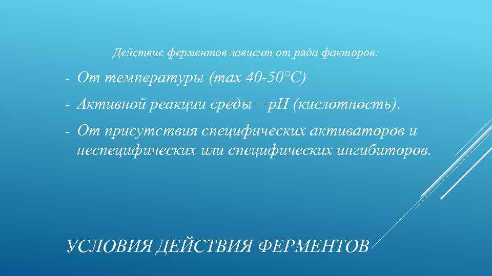 Действие ферментов зависит от ряда факторов: - От температуры (max 40 -50°С) - Активной