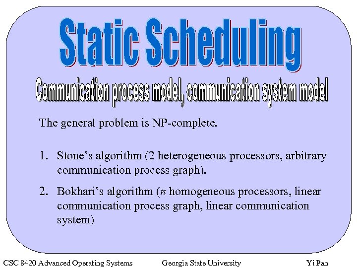 The general problem is NP-complete. 1. Stone’s algorithm (2 heterogeneous processors, arbitrary communication process