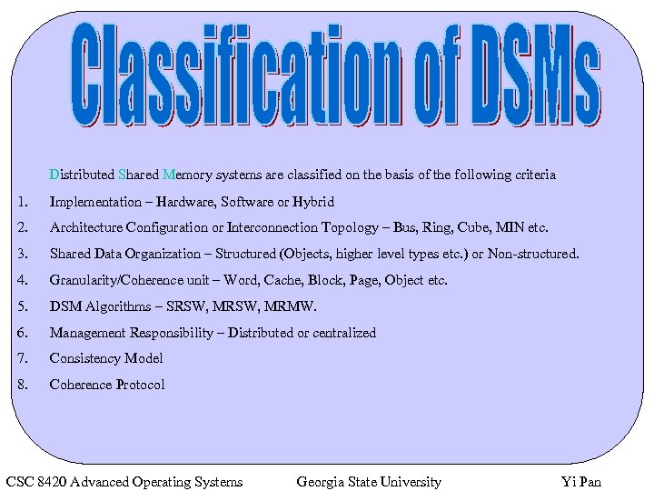 Distributed Shared Memory systems are classified on the basis of the following criteria 1.