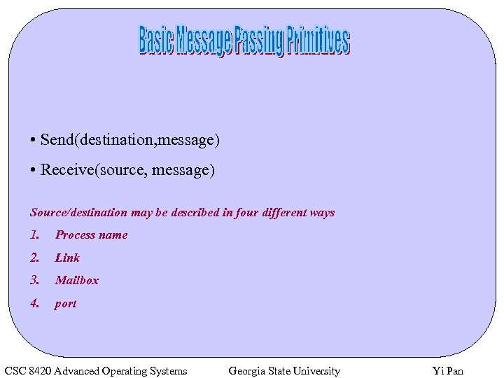  • Send(destination, message) • Receive(source, message) Source/destination may be described in four different