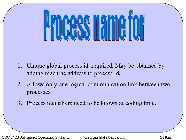 1. Unique global process id. required. May be obtained by adding machine address to