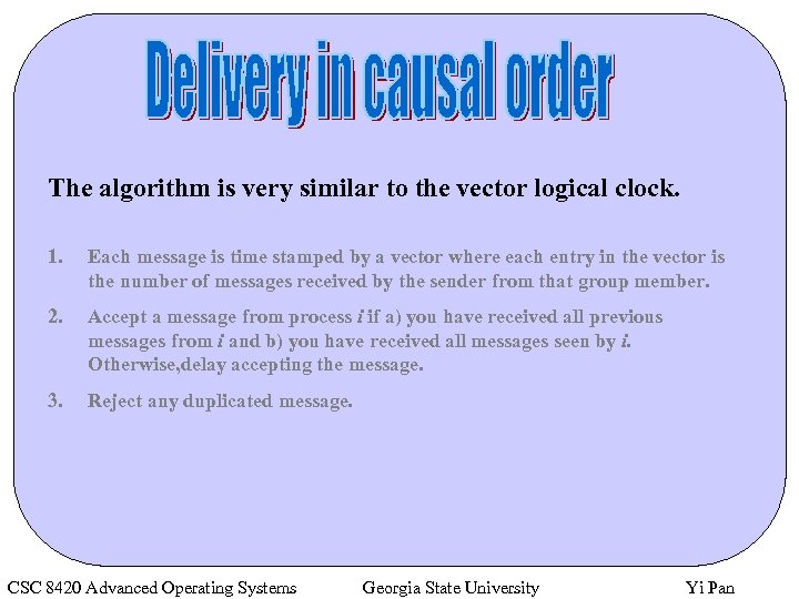 The algorithm is very similar to the vector logical clock. 1. Each message is