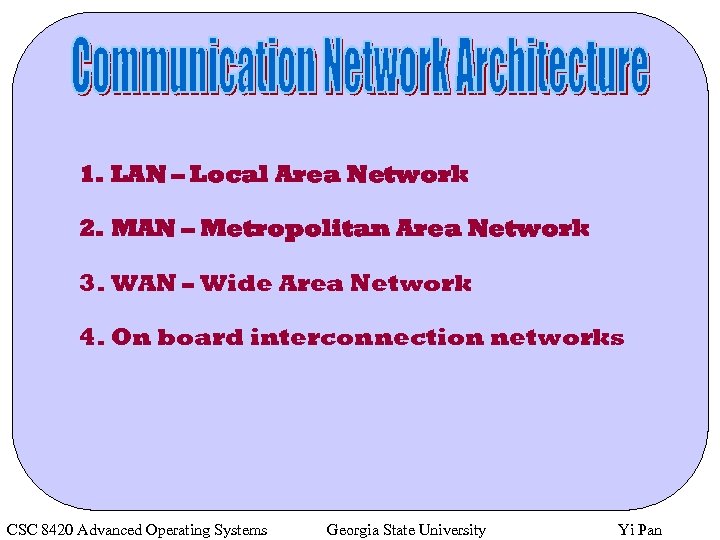 1. LAN – Local Area Network 2. MAN – Metropolitan Area Network 3. WAN