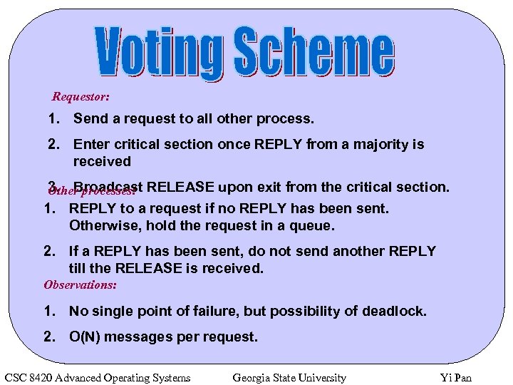 Requestor: 1. Send a request to all other process. 2. Enter critical section once