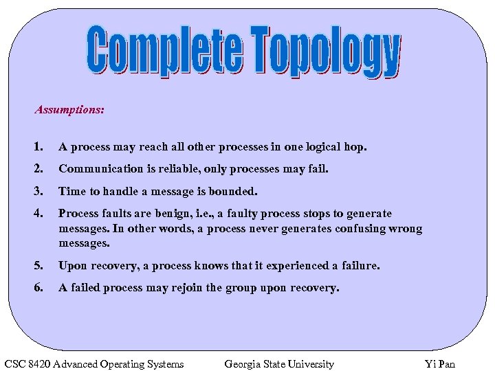 Assumptions: 1. A process may reach all other processes in one logical hop. 2.