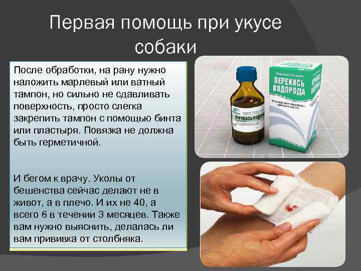 Первая помощь при укусе собаки При сильных ранениях - нужно После обработки, на рану