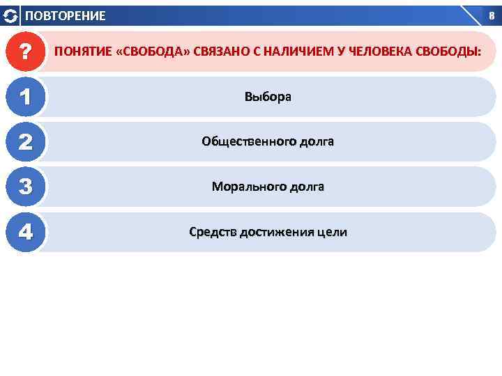 ПОВТОРЕНИЕ 8 ? ПОНЯТИЕ «СВОБОДА» СВЯЗАНО С НАЛИЧИЕМ У ЧЕЛОВЕКА СВОБОДЫ: 1 Выбора 2