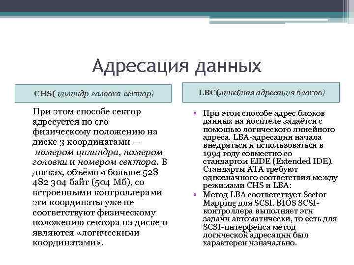 Адресация данных CHS( цилиндр-головка-сектор) При этом способе сектор адресуется по его физическому положению на