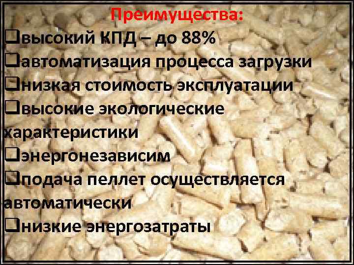 Преимущества: qвысокий КПД – до 88% qавтоматизация процесса загрузки qнизкая стоимость эксплуатации qвысокие экологические