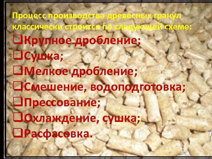 Процесс производства древесных гранул классически строится по следующей схеме: q. Крупное дробление; q. Сушка;