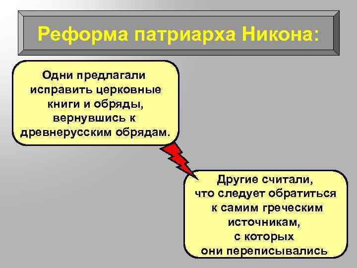Реформа патриарха Никона: Одни предлагали исправить церковные книги и обряды, вернувшись к древнерусским обрядам.