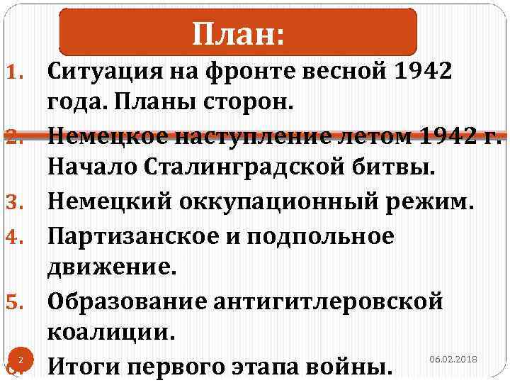 План: 1. 2. 3. 4. 5. 2 6. Ситуация на фронте весной 1942 года.