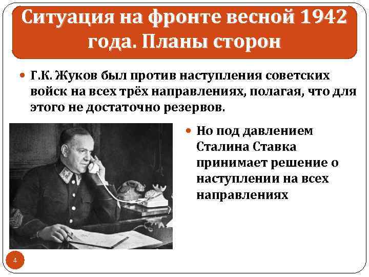 Ситуация на фронте весной 1942 года. Планы сторон Г. К. Жуков был против наступления